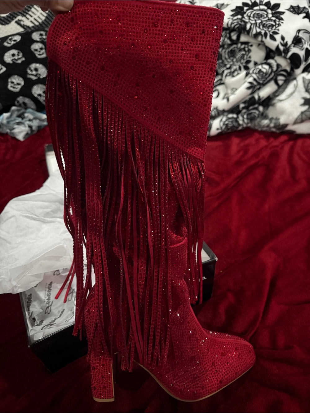 Red Fringe Rhinestone High Heel Boot